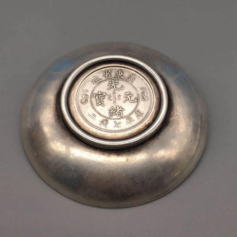 Antique and miscellaneous collectibles: tea tray, pen washer, dish, Eight Immortals oil lamp, vintage craft orna