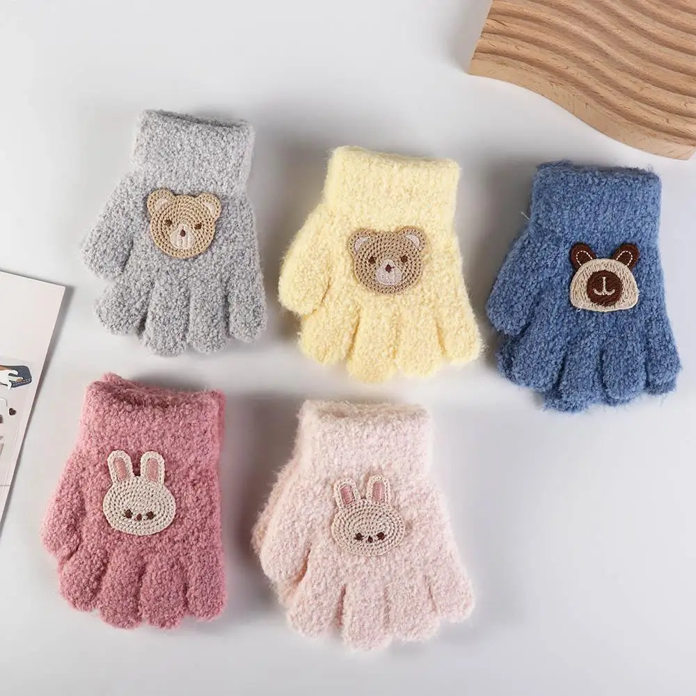 Fashion Bear Baby Fluffy Gloves Flower Korean Style Cartoon Pattern Gloves Rabbit Full Finger Knitted Mittens Boy