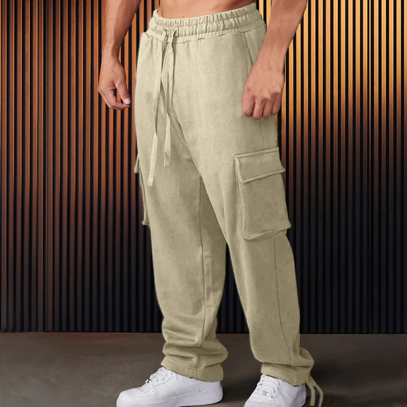 

Men's Fitness Wear Sports Overalls, Autumn And Winter Add Fleece Warm Fitness Jogging Multi-Pocket Solid Color Cargo Pants 2024