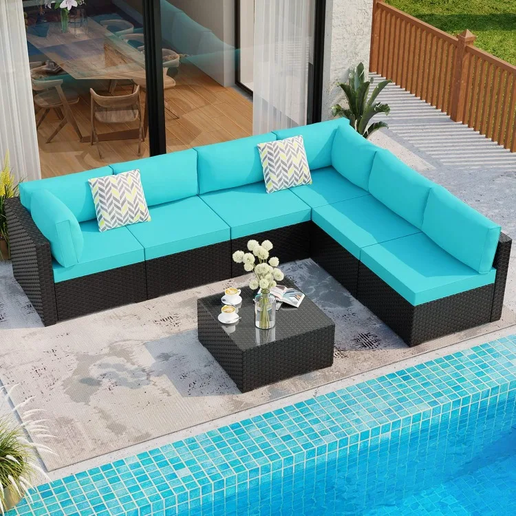 7 Pieces Outdoor Patio Sectional Sofa Couch, Black PE Wicker Furniture Conversation Sets with Washable Cushions