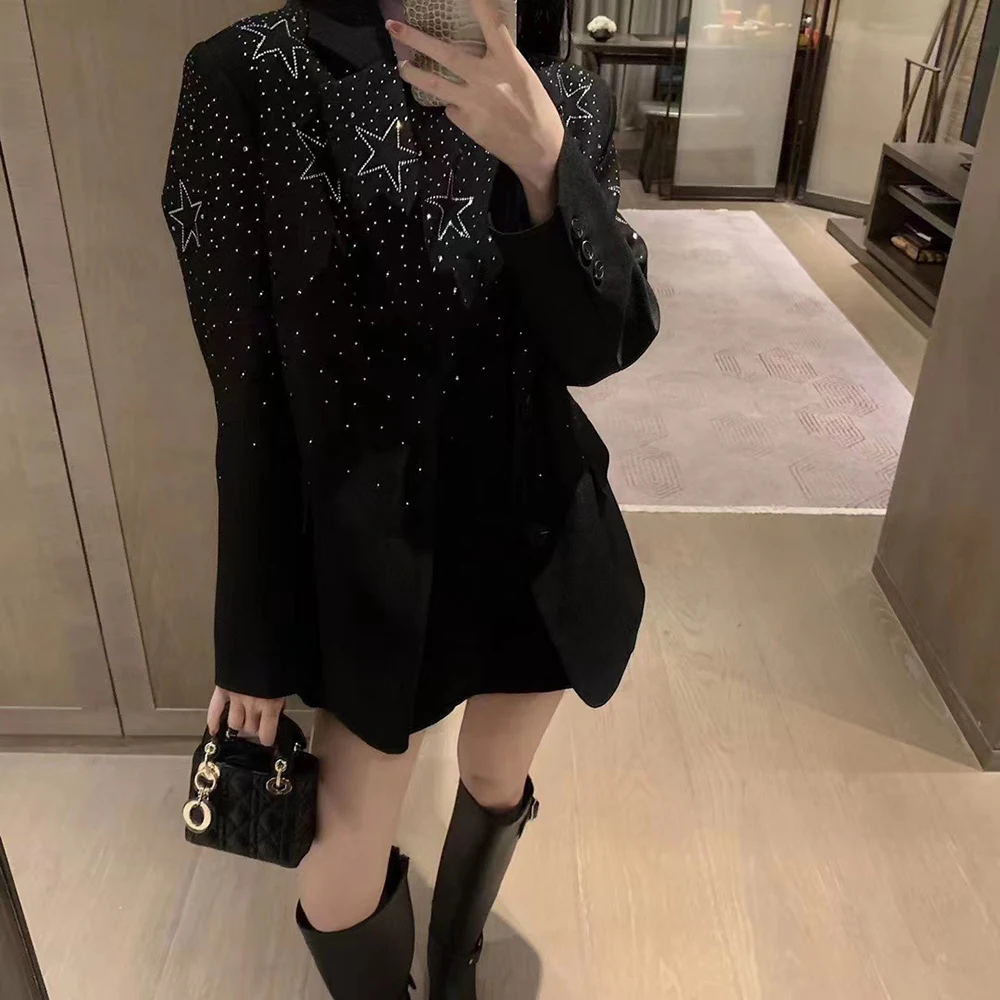 TWOTWINSTYLE Solid Spliced Bedazzle Jackets for Women Lapel Long Sleeves Patchwork Single Breasted Temperament Jacket Female New
