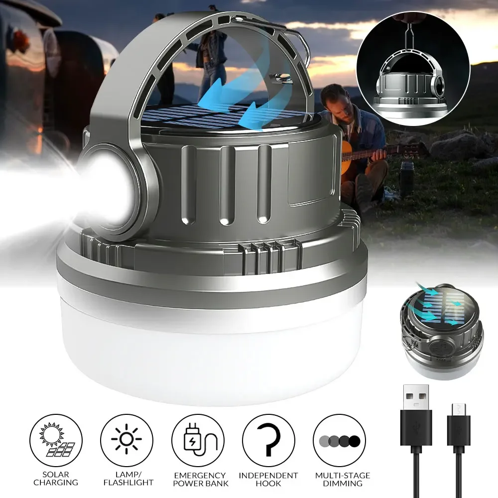 New USB Rechargeable  Camping Lights Built-in Battery Solar Light Outdoor Camping Tent Hanging Lantern Emergency Power Bank