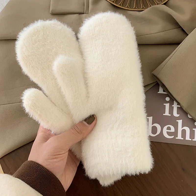 New Women Winter Keep Warm Gloves Plus Cashmere Solid Elasticity Soft Full Fingers Mittens Gloves Imitation Rabbit Fur Knitted