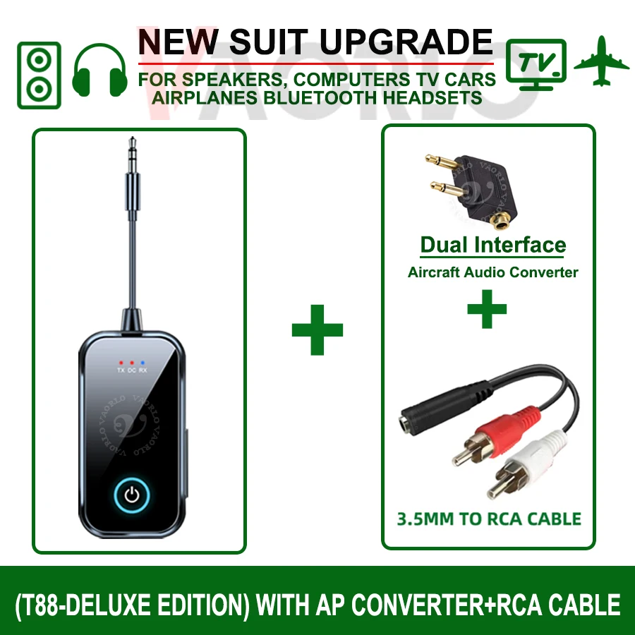 Nieuwe, verbeterde Bluetooth 6.0 auto-audio-ontvanger/zender, 3,5 mm AUX-interface, Hi-Fi stereomuziek, draadloze vliegtuigaudio-adapter, met HD-microfoon, voor autokits, computers, tv's, headsets en