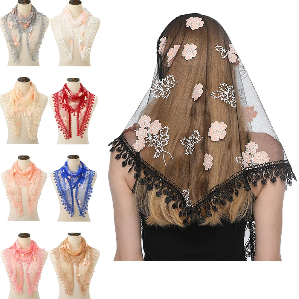 Women Lace Flower Triangle Scarf for Church Prayer Embroidered Scarf Tassel Shawl Neck Scarves Summer Veil Mantilla Headband