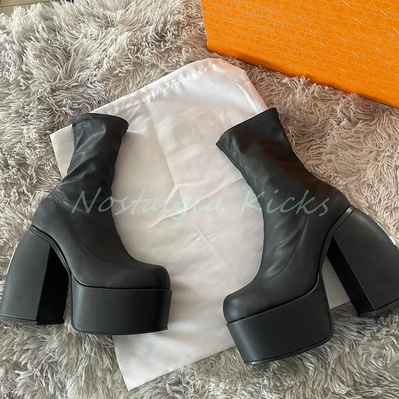 New Fashion Thick Soled Ankle Boots Women Elegant Round Toe Trendy Style Stretch Boots Super High Heels Waterproof Female Shoes