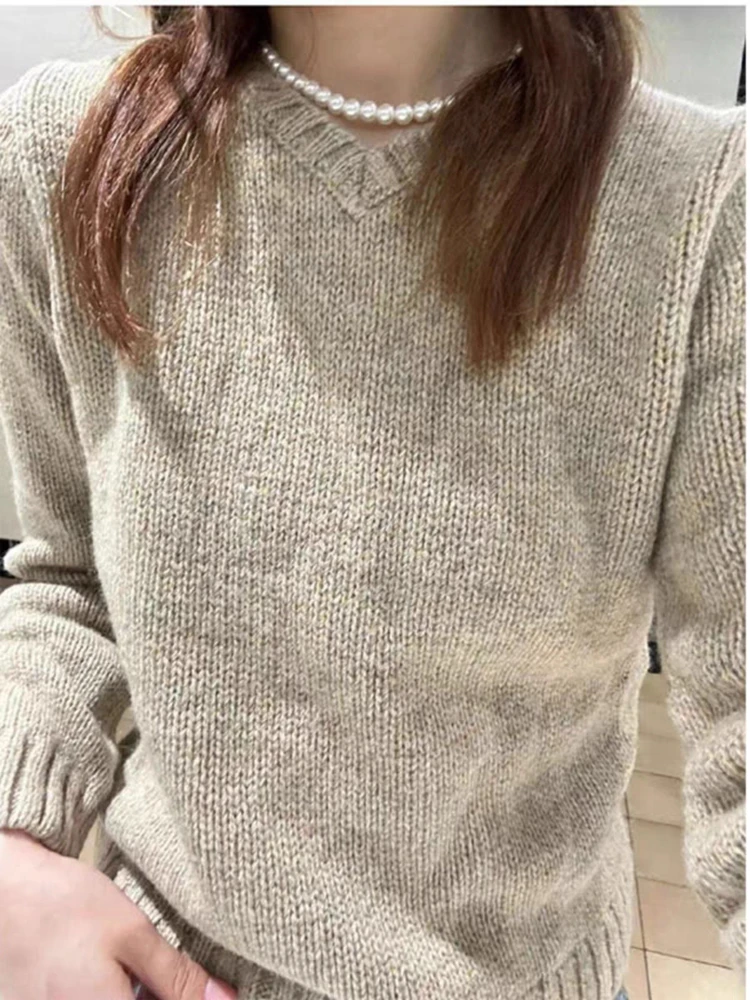 Maglioni Casual da donna tinta unita con scollo a v 2023 autunno moda kaki Pullover lavorato a maglia a maniche lunghe Chic maglieria allentata