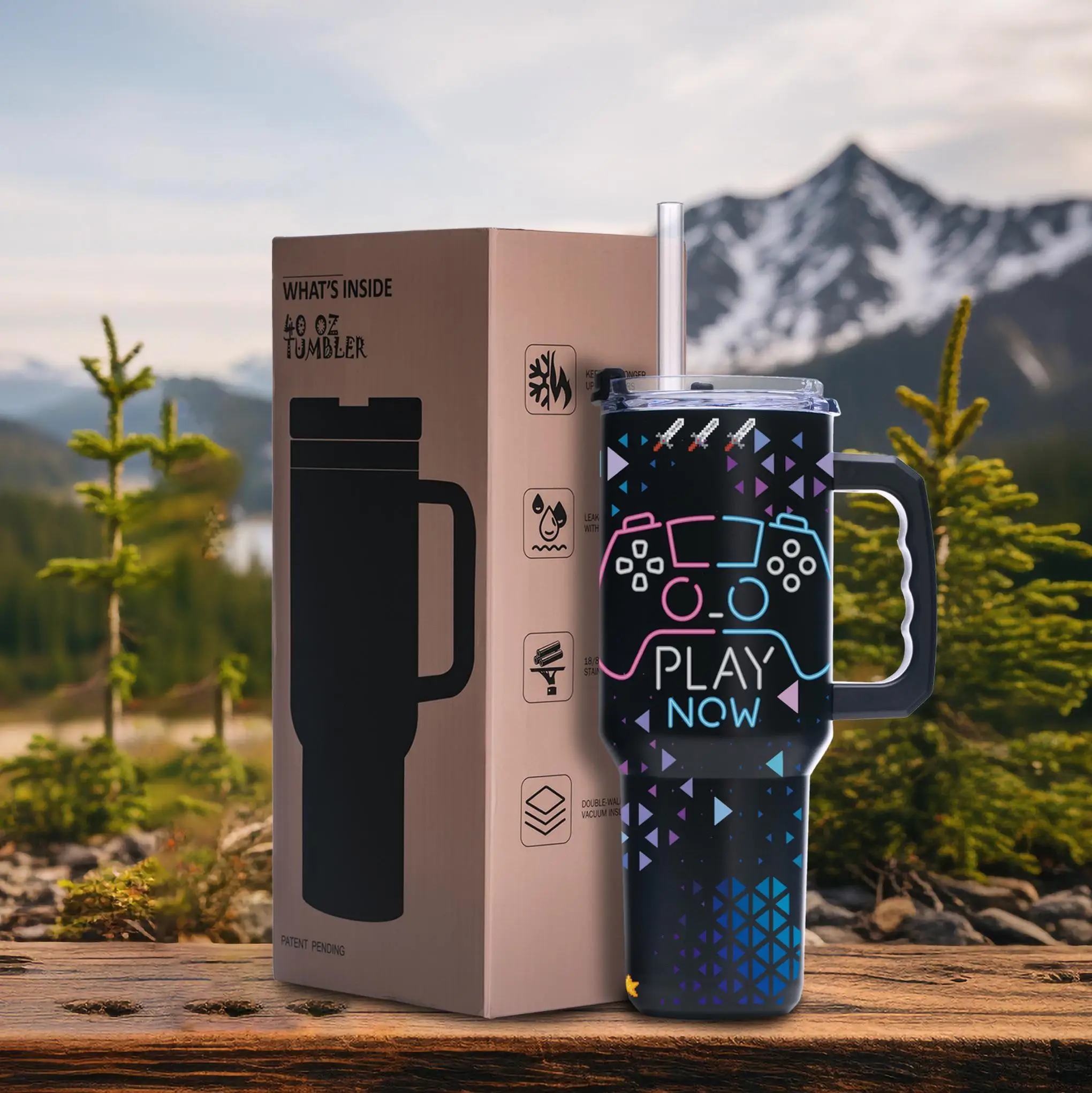 

40oz Vacuum Insulated Stainless Steel Gamer Tumbler with Handle, Wide Mouth, Spill-Proof Lid, Gift for Boyfriend