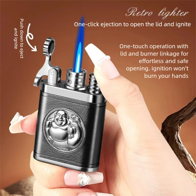 Retro-Inspired Trendy Lighter – Premium Leather-Wrapped Body, Windproof Jet Blue Flame & One-Click Ignition, Stylish Refillable