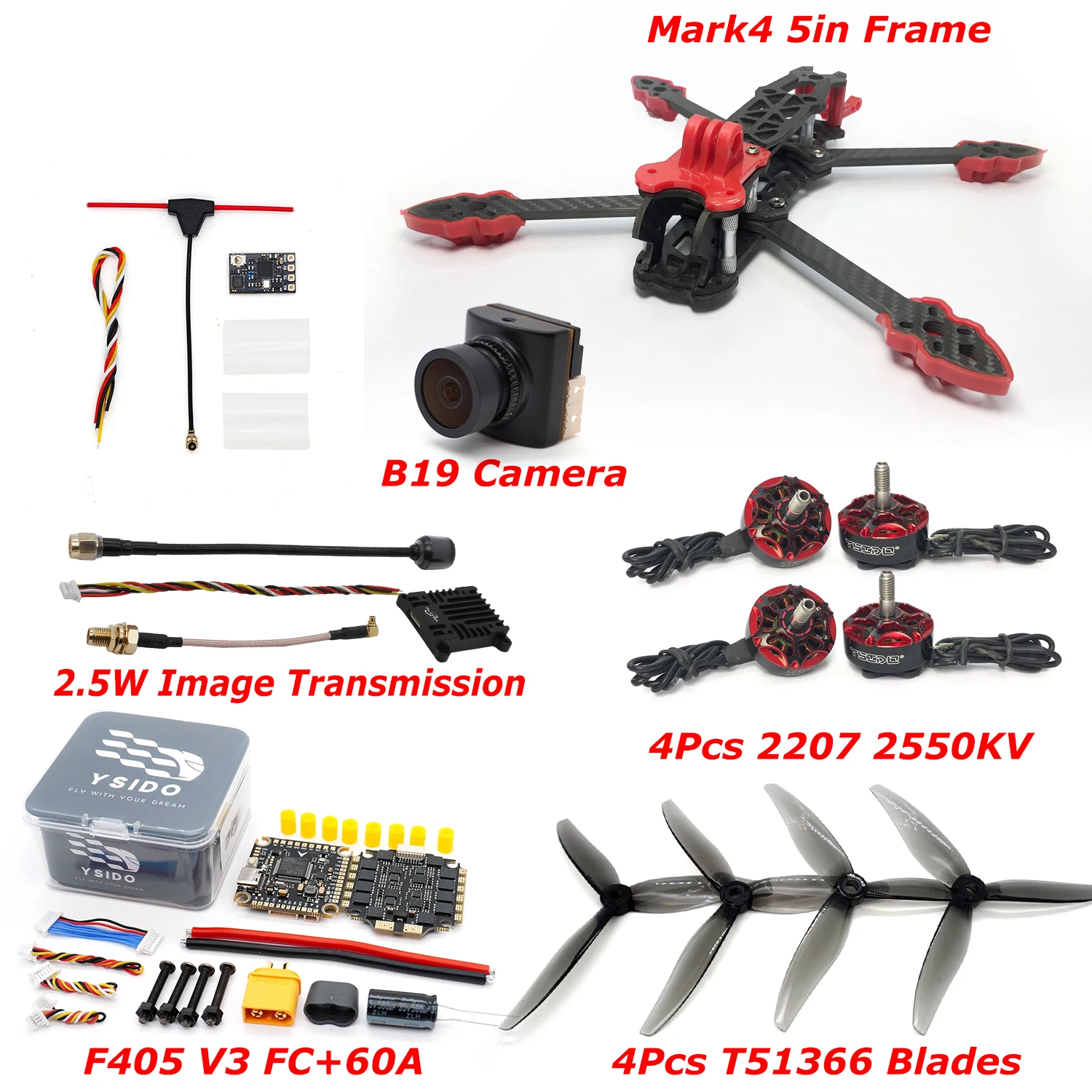 Mark4 5inch Frame Kit 2207 2550KV Brushless Motor F405 V3 FC Flight Control 4-in-1 60A ESC Propeller Camera 2.5W VTX ELRS RX