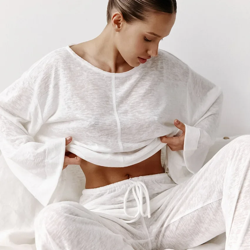 Sexy Fashion Knitted White Round Neck Long Sleeve Pajamas Pants Set Soft Skin-friendly Home Clothes Women Sleepwear Women