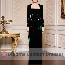 Blooms Customized Green Beadings Black Velvet Evening Dresses Ruched Floor-Length Elegant Women Formal Gown Wedding Prom Dress