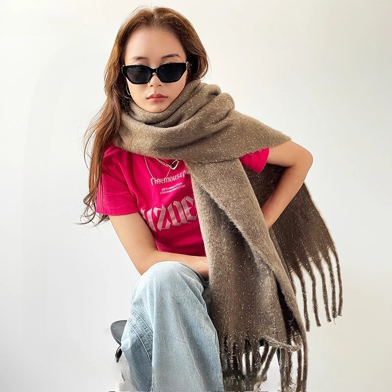 

Трансграничный европейский и американский зимний модный универсальный шарф, однотонный толстый теплый шарф из мохера для женщин, шаль
