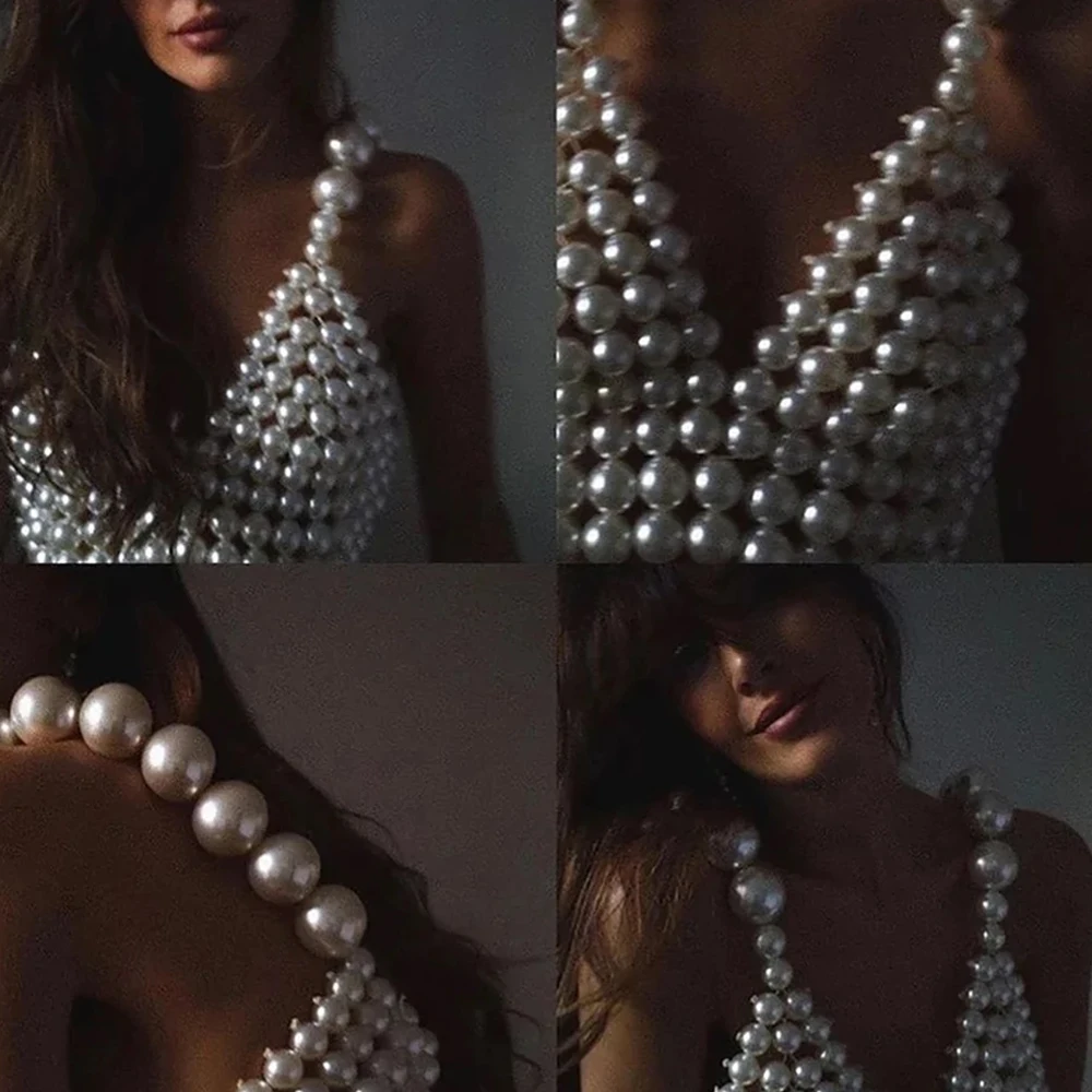 Exaggerated Pearl Vest Deep V Neck Sleeveless Bustier Fashion Bra Tank Crop Top Harness Beads Body Chain Jewelry Women Club Rave