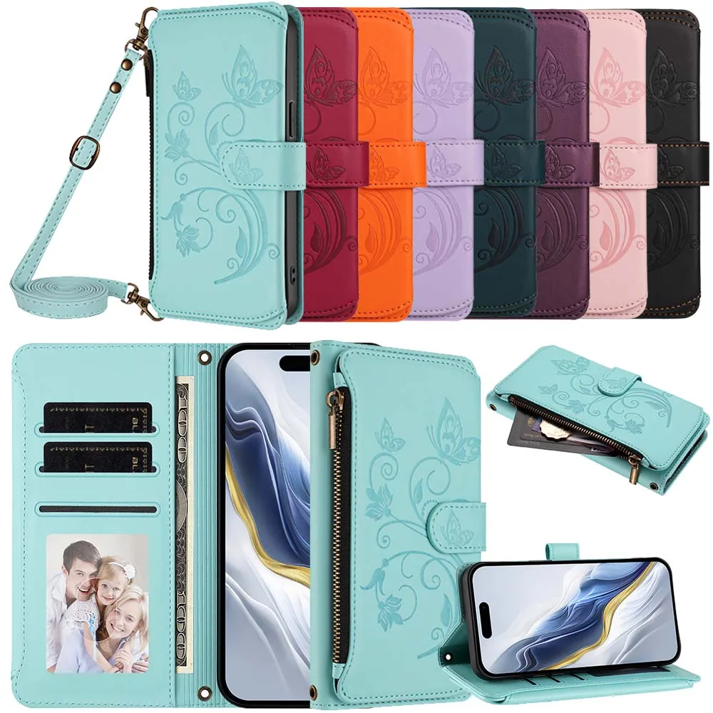 Funda con cremallera y ranuras para tarjetas para TCL 60 Ultra NxtPaper 605 50 XE 40 XL 405 406 408 K23 K24 K32 K33, con correa para teléfono