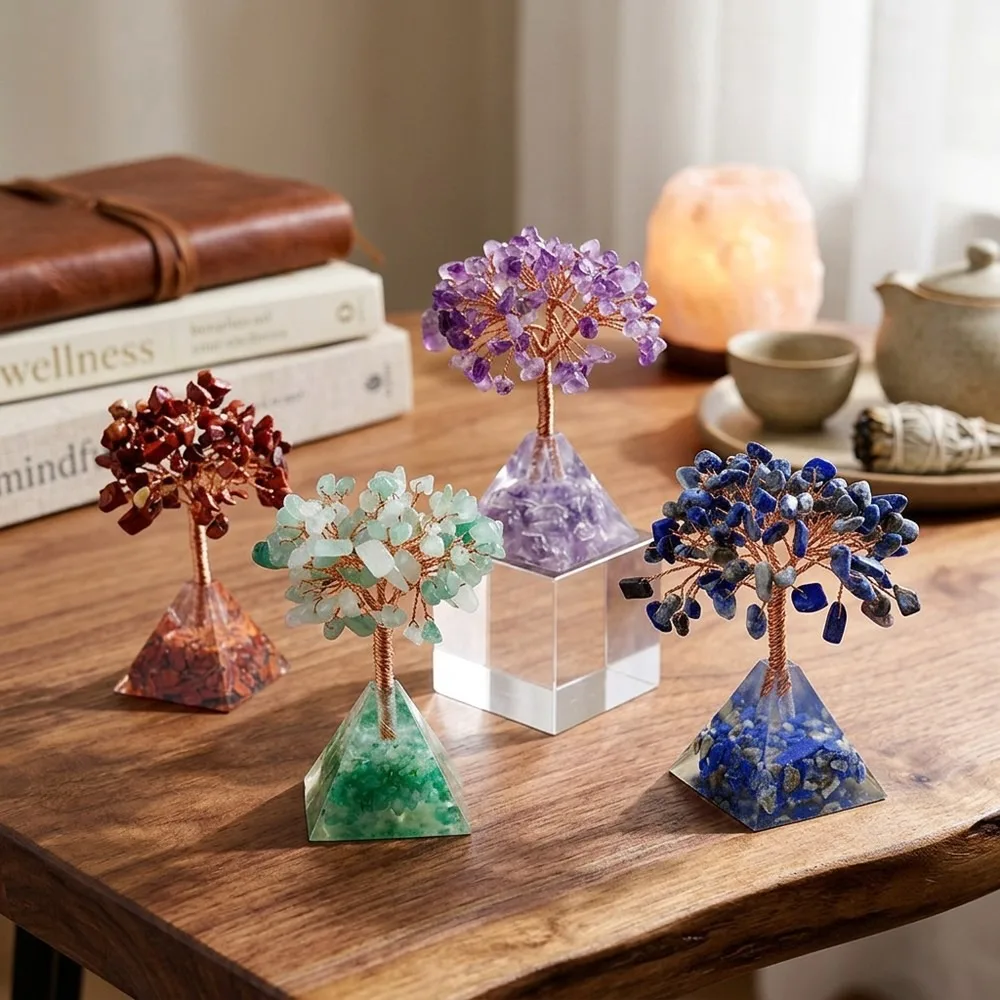 Natural Crystal Crushed Stone Tree with Resin Pyramid Base, Feng Shui Wealth Ornament for Home Office Desk Decoration