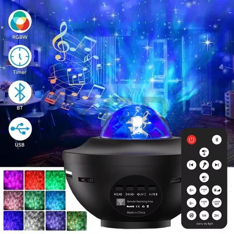 LED Starry Sky Projector Night Light Remote Control Switch USB Music Player Ocean Wave Galaxy Ambient Light Kids Birthday Gift