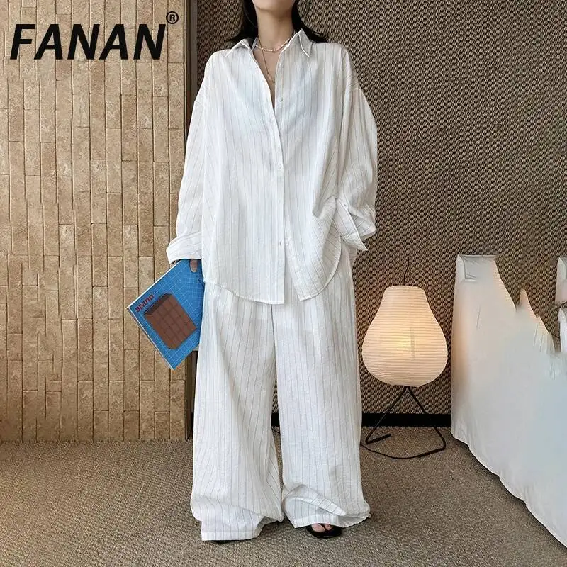 

FANAN 2026 Summer New Linen Set For Women Lapel Single Breasted Loose Shirts + High Waist Straight Loose Pants Female Suits