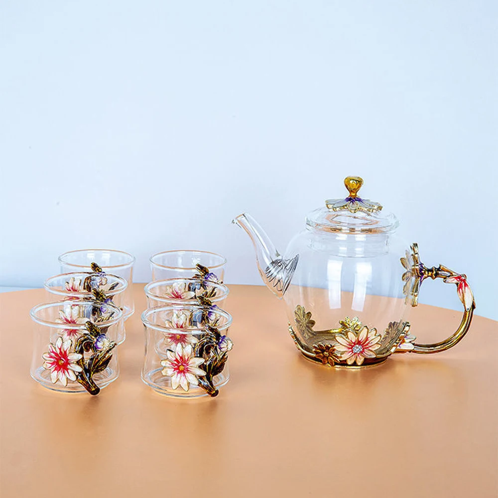 

450ML Nordic Enamel Crystal Flower Glass Teapot Tea Set for Home Drinkware Office Water Kettle Coffee Pot with 6pcs Teacup 티포트