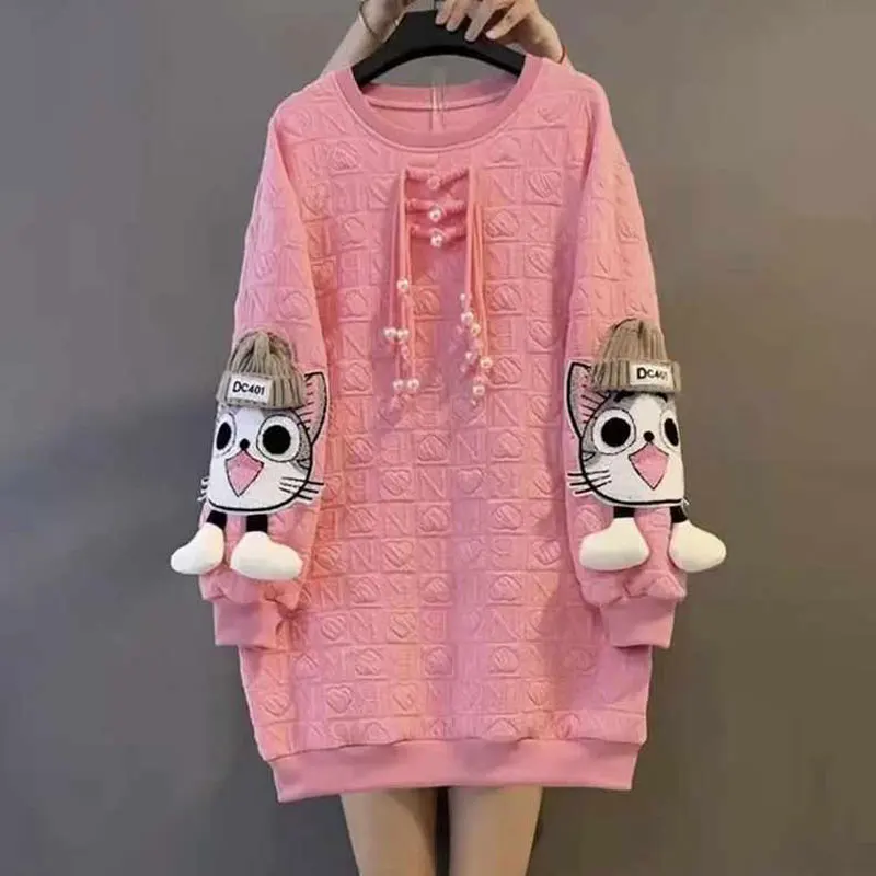 Spring Autumn 2023 Casual Loose Pearl Three-dimensional Decoration Pullovers Chic Cat Pasting Cloth Female Korean Sweatshirts