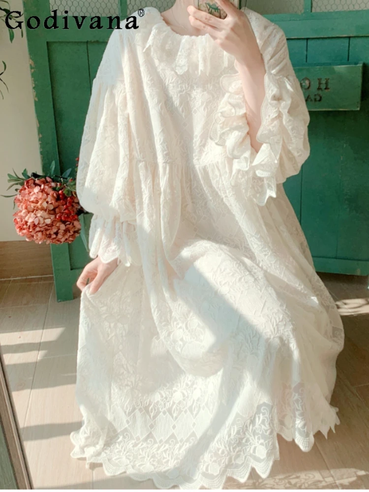 

Spring Sweet Long Lantern Sleeve Elegant Lace Loose Dress Temperament Court Crew Neck Versatile Age-reducing Bottom Dresses