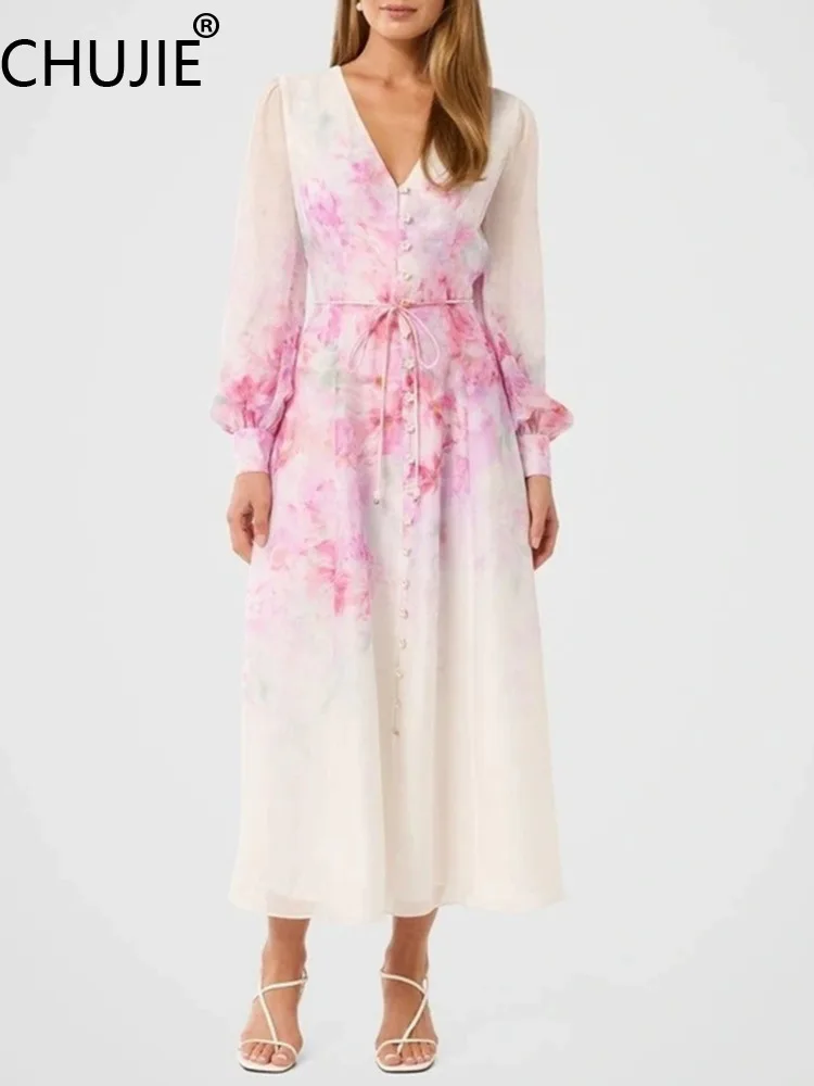 

Women's Pink Print Dress 2025 - V-Neck & Round Neck Versatile Dress, Belted Holiday Outfit