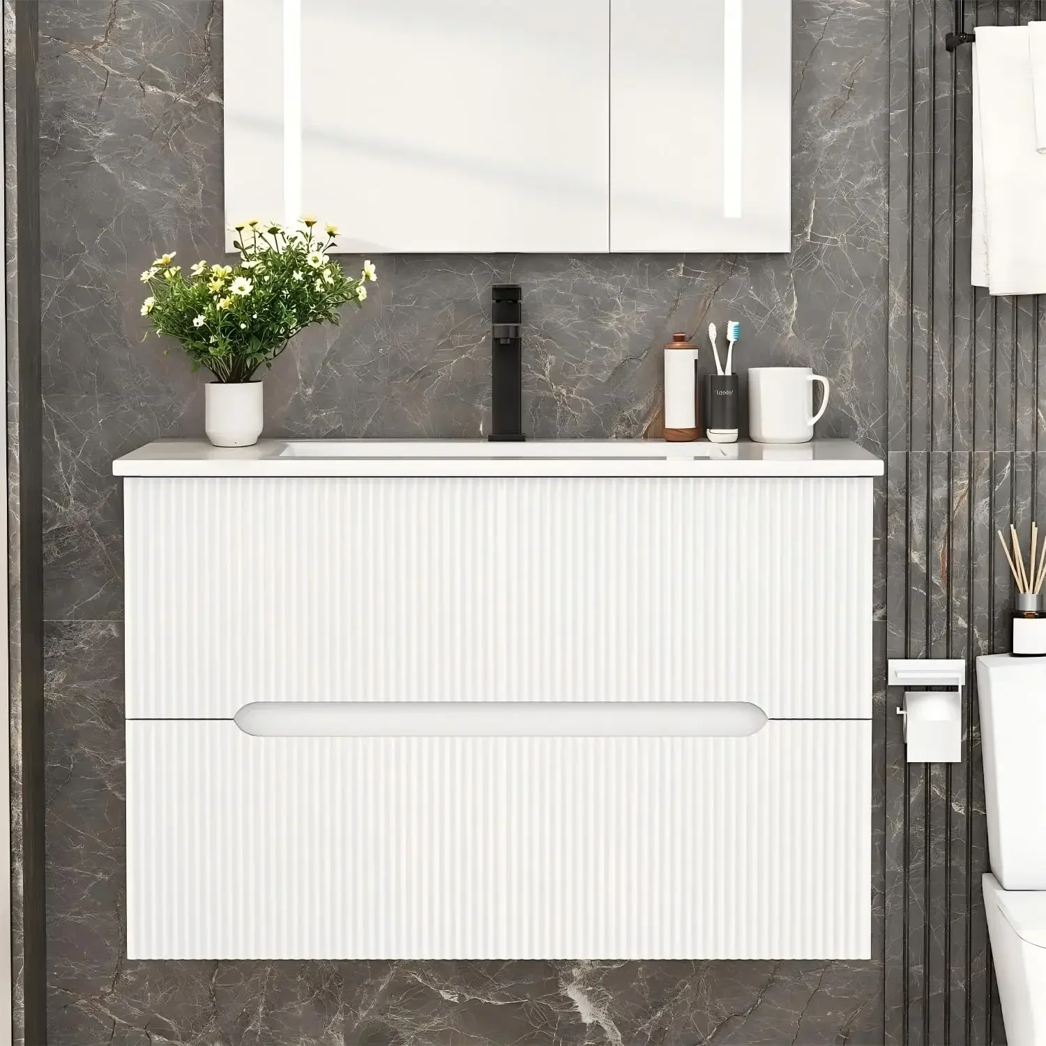 

30-дюймовая тумба для ванной с раковиной, подвесная тумба для ванной с керамической раковиной, настенный комплект тумбы с рифленой раковиной