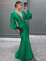 Modphy Sexy profondo scollo a V pieghe maniche lunghe Maxi vestito donna verde lanterna manica pieghe abiti elegante sera partito pista abito