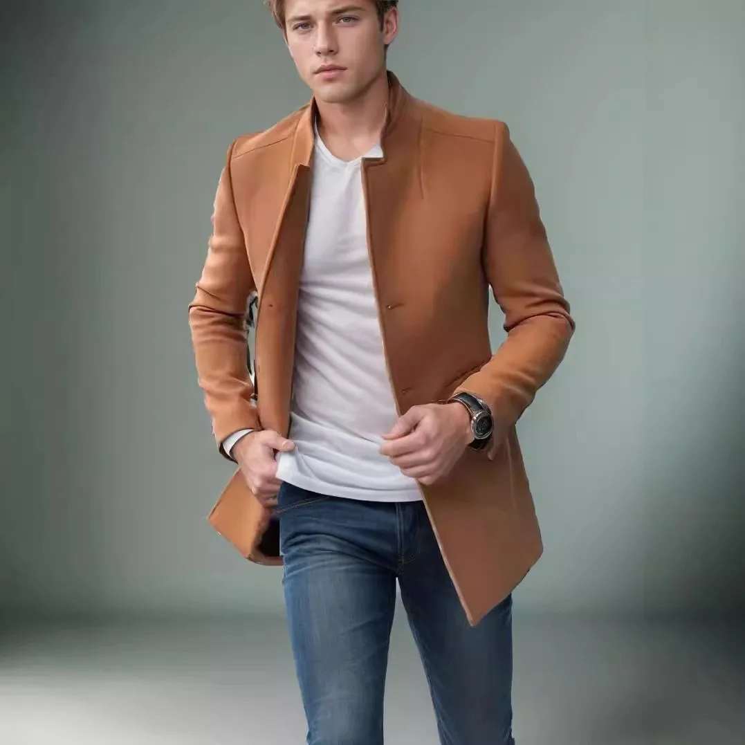 

Men Autumn Coat Fashion Simple Solid Color Stand Collar Male Jacket Single-breasted Long Sleeve Business Casual Man Outerwear