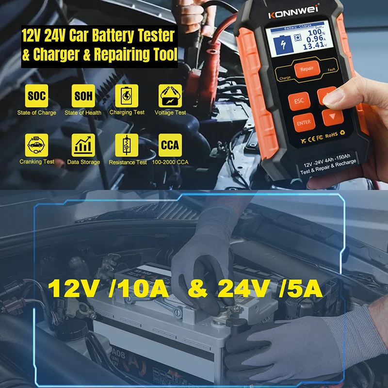 KONNWEI KW520 12V 10A 24V 5A Automatic Car/Truck Battery Tester KW510 Full Automatic 12V 5A Battery Tester Pulse Repair Tools