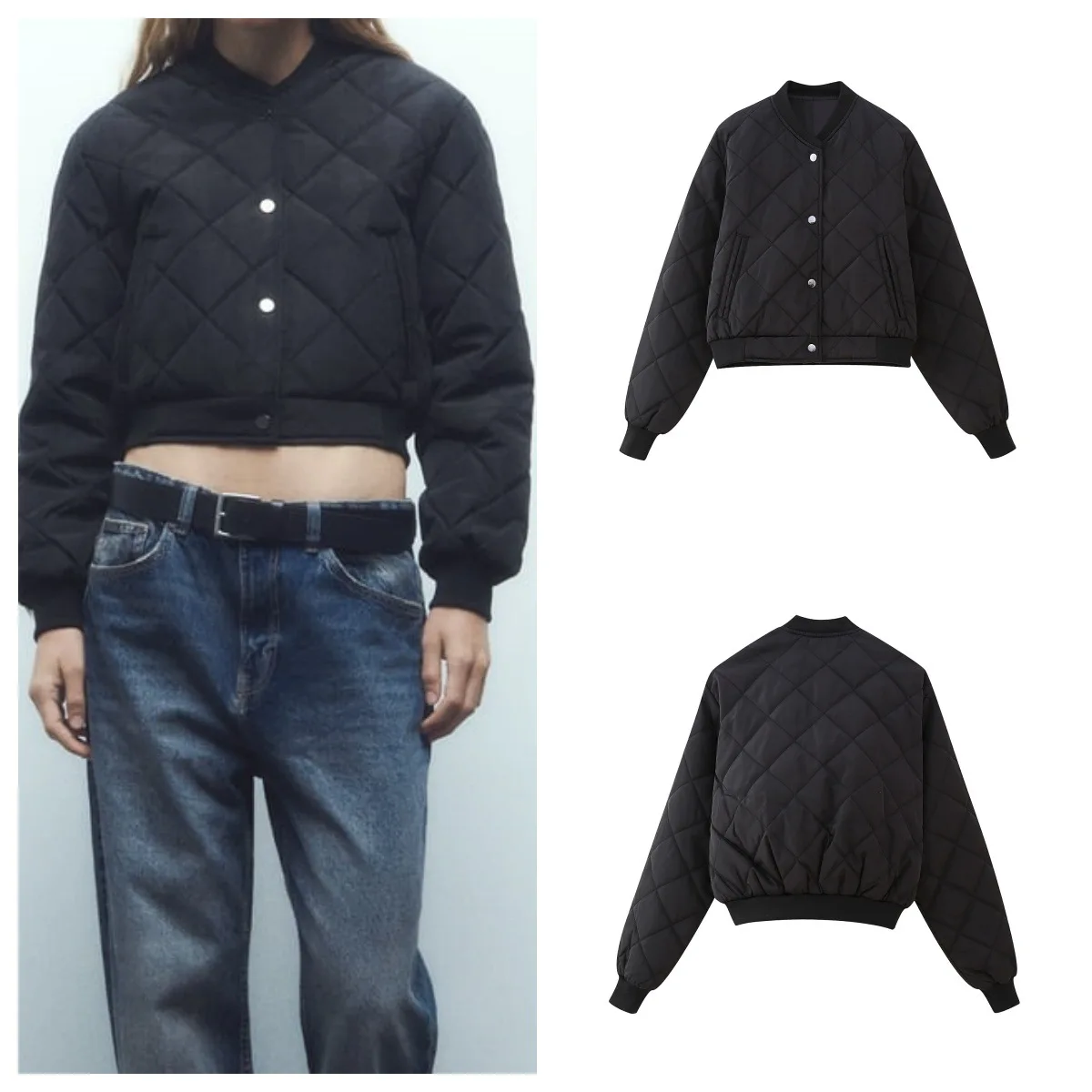 Autumn and winter European and American casual fashion diamond pattern quilted short pure color cotton jacket pilot jacket coat