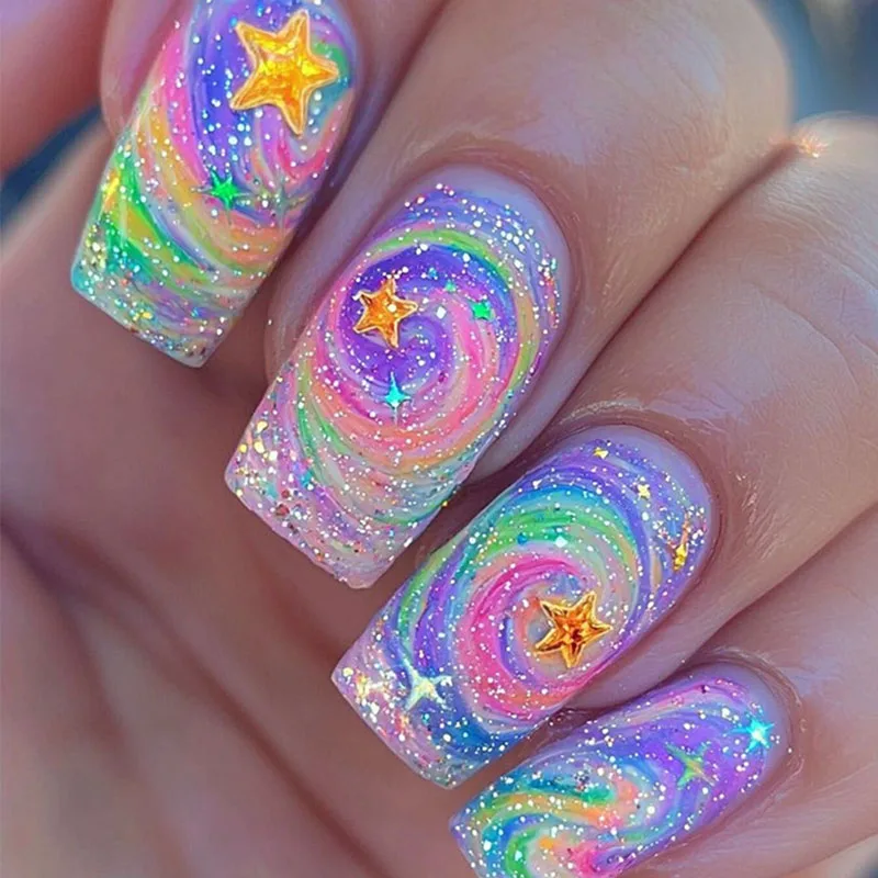 

24Pcs Long Square Press on Nails - Golden Stars with Stardust Sparkle & Rainbow Gradient | Dazzling Starry Design