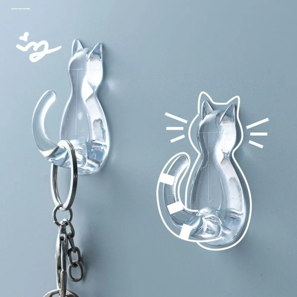 5Pcs Creative Wall Mounted Cat Tail Sticky Hooks No-Drilling Transparent Towels Rack Waterproof Wall Hook Home Accessories