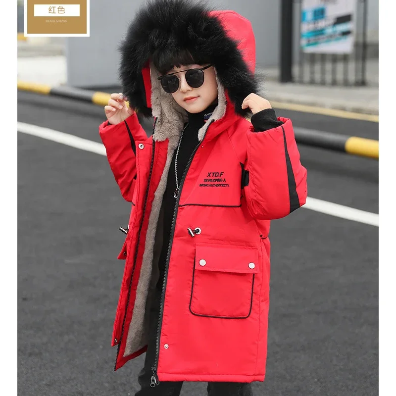 3 -14 Years Very Keep Warm Winter Boys Jacket 2023 Teenager Mid-Length Plus Velvet Thick Fur collarHooded Cotton Coat For Kids