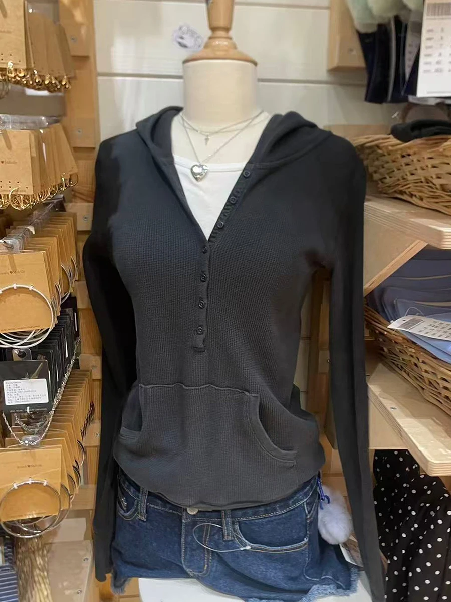 

Waffle Hooded T-shirt Women Spring New Buttons Long Sleeve Slim Tee Shirts Vintage Preppy Style Tops Y2k