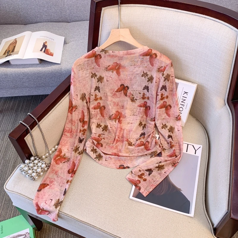 Letnia nowa koszulka damska z efektem tie-dye, długa, z okrągłym dekoltem, chroniąca przed słońcem, do pracy, w stylu koreańskim.