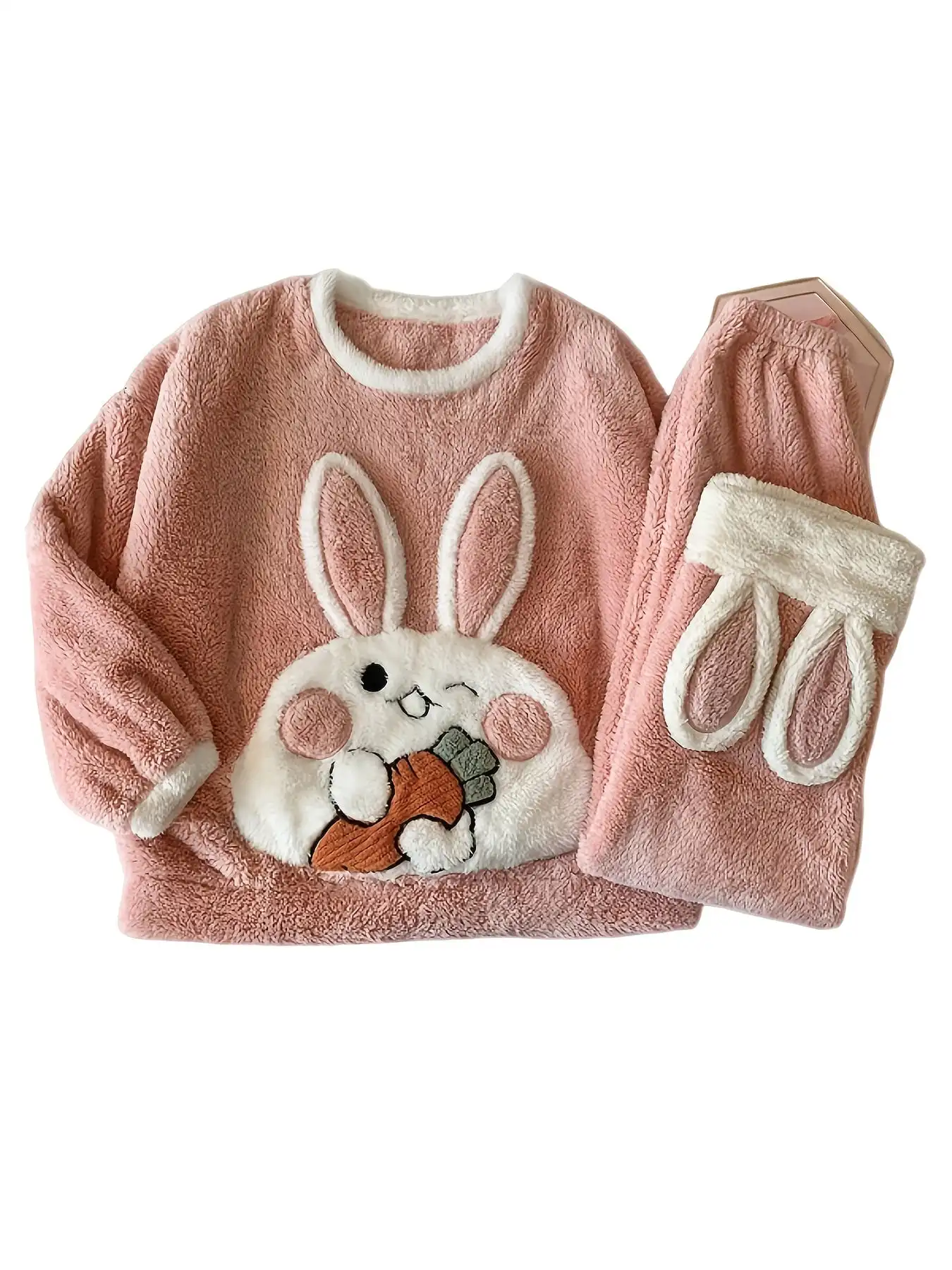 Women's Plush Pajama Set [Top + Pants] Winter Coral Fleece Cartoon Carrot Rabbit Women's Pajamas，si25092111149124221