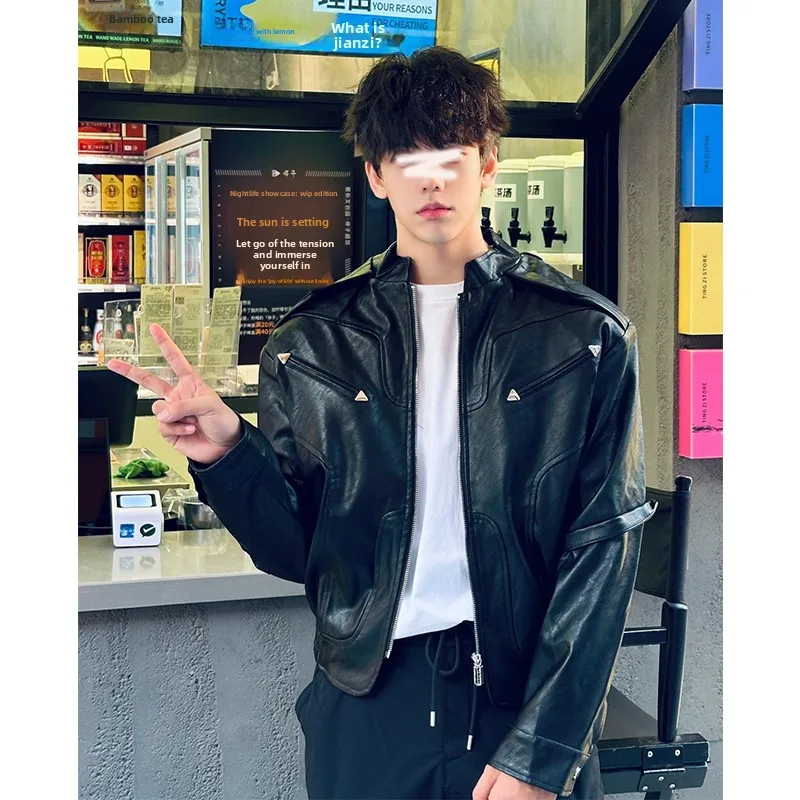 

Мужская кожаная куртка Bla Deconstructed с воротником-стойкой, короткий рукав, в мотоциклетном стиле, повседневная, модная, из искусственной кожи, осенняя коллекция