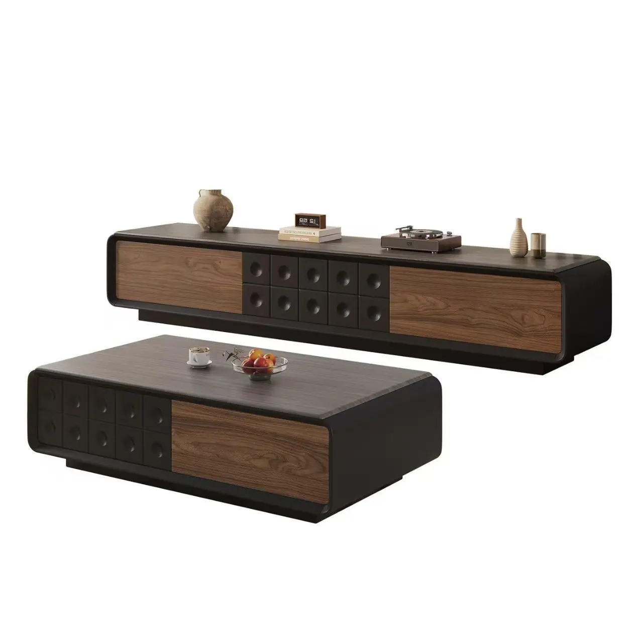

@！2026 Mid Century Accent TV Stand Cabinet & Coffee Table Set Wood Top Ample Drawer Storage Tv Table