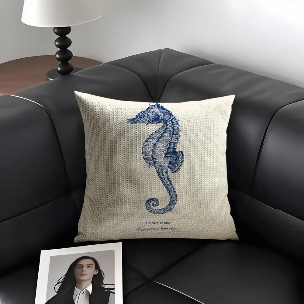 Minimalist Marine Life Cushion Cover Natural Linen Organic Fabric Double-Sided Printing Breathable Perfect Gift For Decor