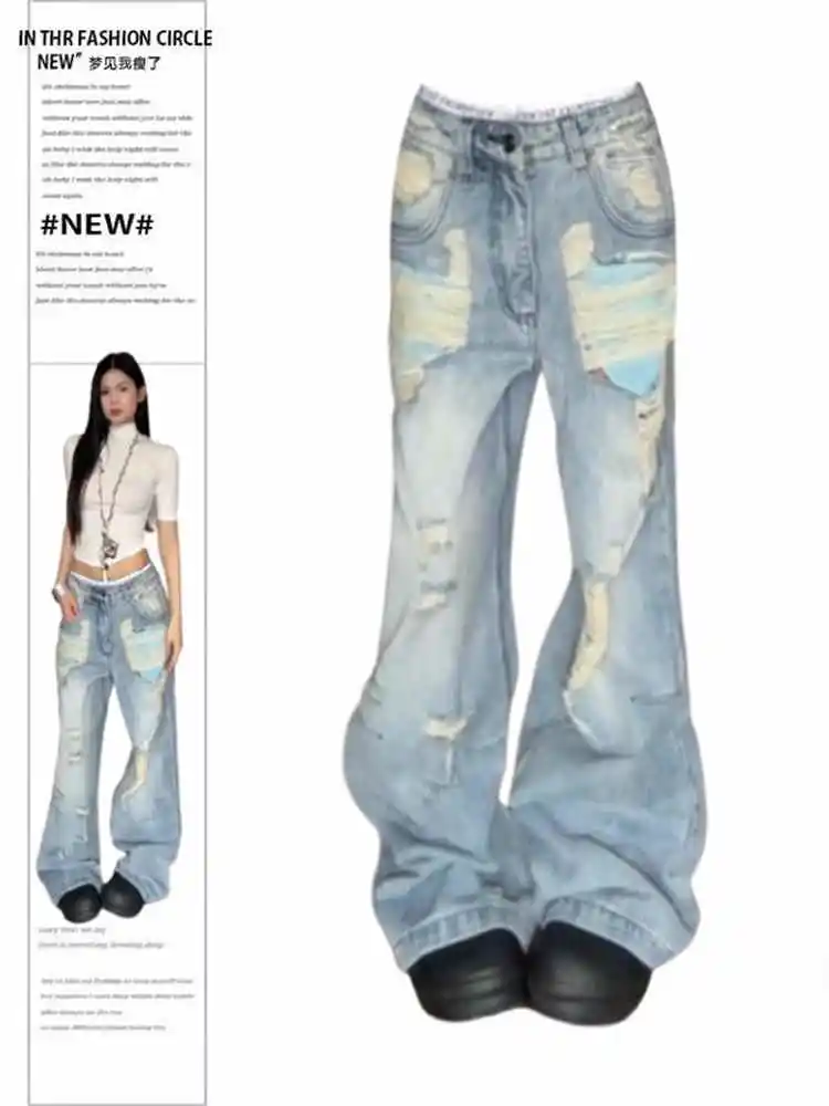 

Women's Baggy Jean Ripped Denim Pants American Retro Y2k Hip-pop Designer Wide Fit Cowboy Hole Japanese Harajuku Long Trousers