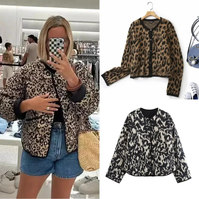 Leopard Print Knitted Sweater Cardigan Women Autumn Winter America Leopard Printed Sweater Cool Casual Round Neck Jacket Women