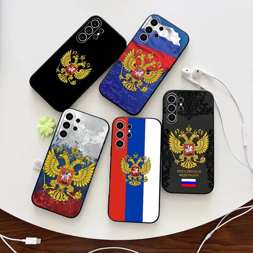 Russia F-Flag National Emblem Phone Case For Samsung S25,S24,S21,S22,S23,S30,Ultra,S20,Plus,Fe,Note,10,9,5G Black Cover