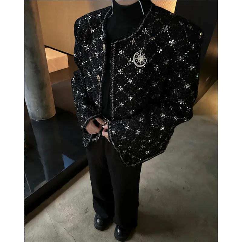 

Autumn Winter ort Quilted oulder Pad Diamond Sequin Embroidery Stage Performance Jaet Men's Faion Urban Sle Coat