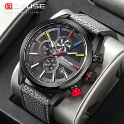 BORUSE Casual Sport Watches for Men Luxury Military Leather Wrist Watch Man Fashion Chronograph Wristwatch Relogio Masculino