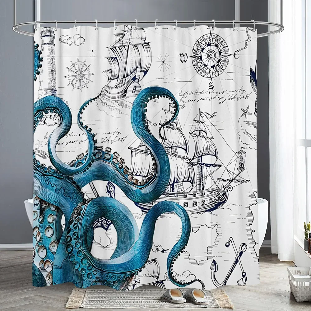 Nautical Octopus Shower Curtain Fun Giant Tentacles Sea Creatures Beach Pirate Maps Polyester Fabric Bath Curtain Bathroom Decor