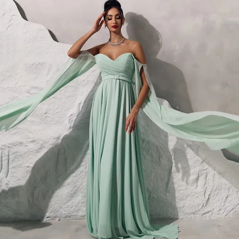 

Aleeshuo Elegant A-Line Chiffon Prom Dress Sexy Off Shoulder Long Sleeves Pleat Sweetheart Vestido Robes De Soirée Customized