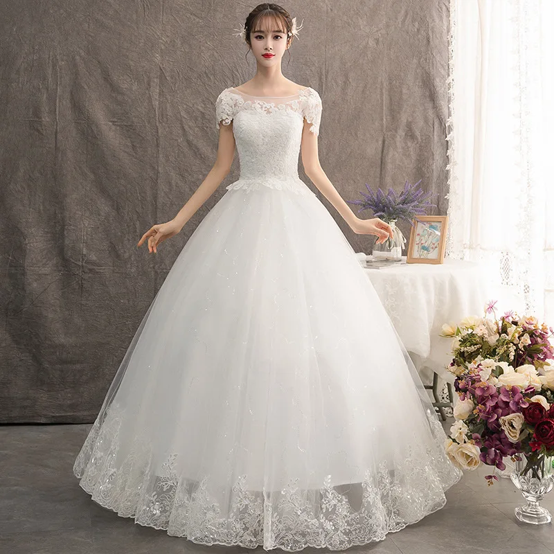 Nuovo abito da ballo a maniche corte abiti da sposa classico o-collo pizzo Tulle Sukienka Na Wesele elegante abito lungo fino al pavimento De Mariee