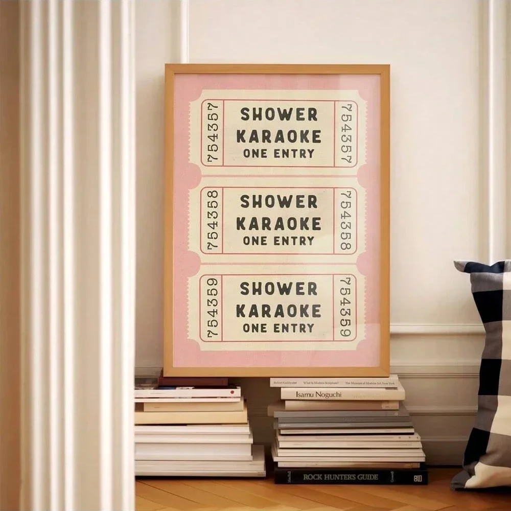 

1PCS Unframed Shower Karaoke Ticket Posters Print Bathroom Canvas Painting Retro Pink Shower Funny Wall Art Home Decoration