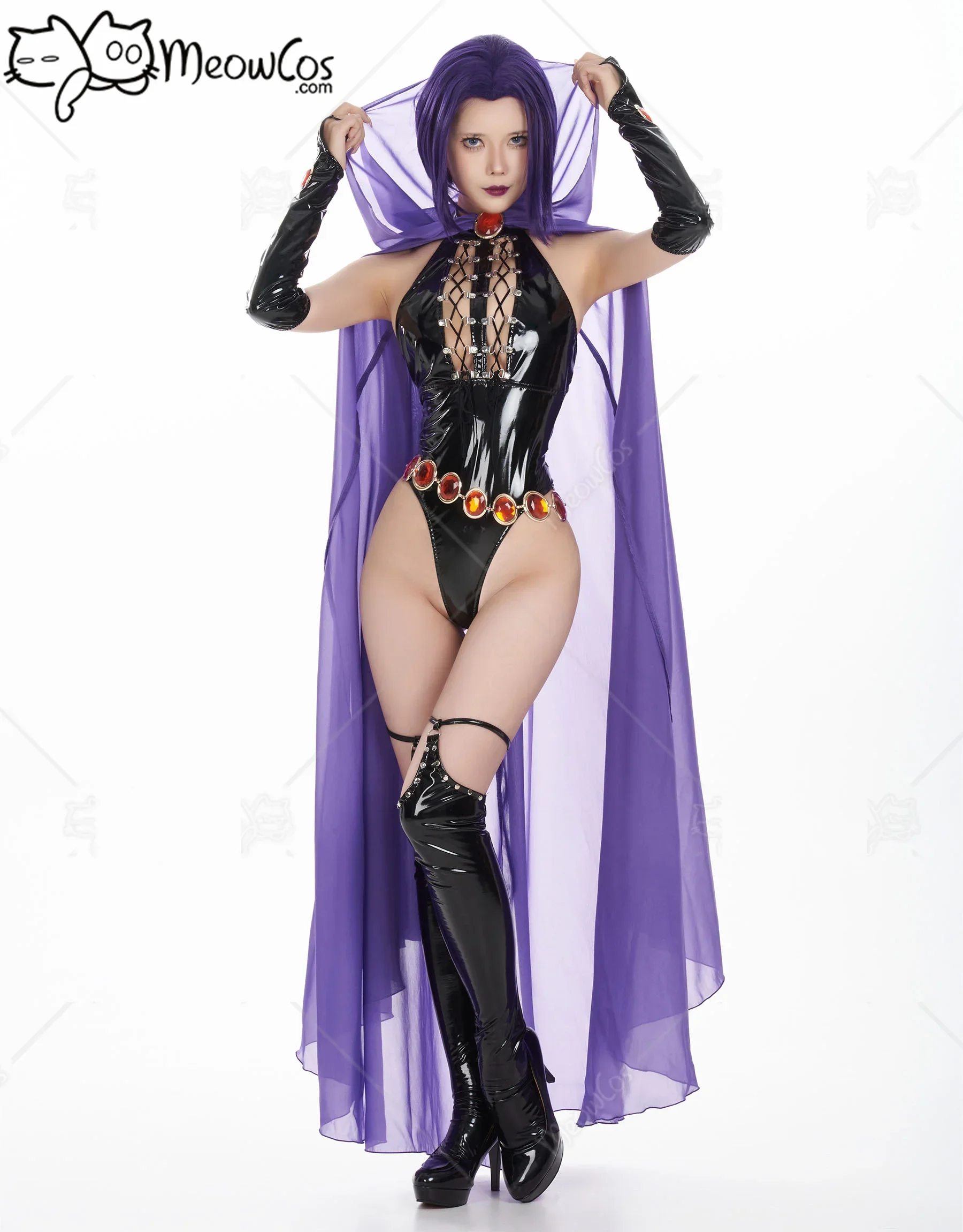 Meowcos Women Erotic Lingere Set Gothic Sexy Halter Backless Front Hollow High Slit Cosplay Costume with Purple Cloak and Chain